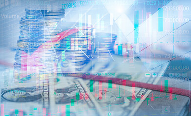 Stacked coins and dollar banknotes with rising stock market charts and data overlay. Modern investment strategy, financial growth analysis, digital trading environment, and long term wealth building.