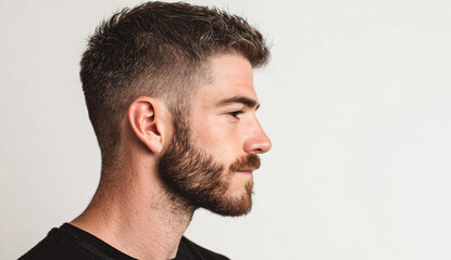 Obraz premium Side view of a young man with a faded short haircut, well-groomed beard, and light skin against a plain neutral background