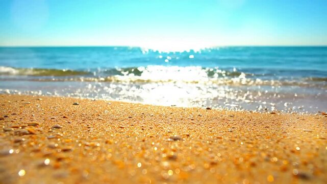 Wave-Kissed Sparkle A dynamic shot focusing on the moment a gentle summer wave recedes, revealing the newly wet sand that immediately begins to sparkle and reflect the sunlight.