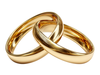 Two gold wedding bands intertwined together, isolated on transparent background