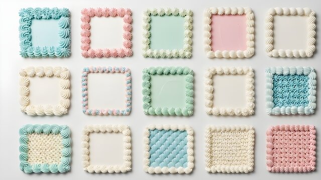 Top View of Pastel Piped Royal Icing Square Frames Collection with Various Patterns