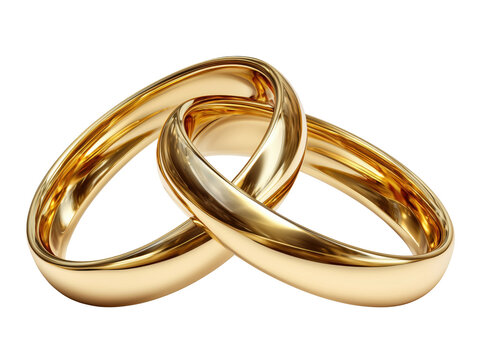 Two gold wedding bands intertwined together, isolated on transparent background