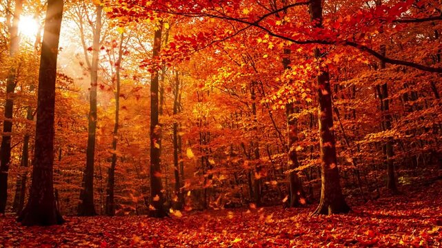 Serene Autumn Drift Emphasizing the peaceful, calm, and rustic beauty of the autumn season through the continuous, unhurried fall of leaves.