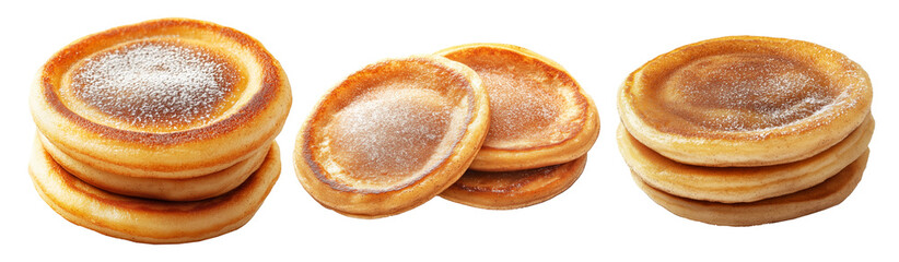 Stack of golden brown fluffy Korean Hotteok pancakes lightly dusted with powdered sugar, isolated on white background