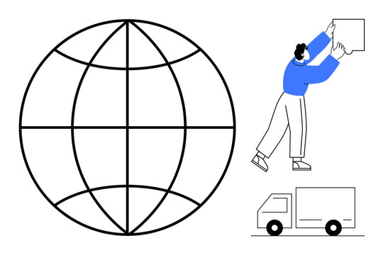 Global shipping concept. Global logistics operations with a man handling packages near a delivery truck and a globe. Global services, international trade, supply chain, e-commerce, delivery - Powered by Adobe