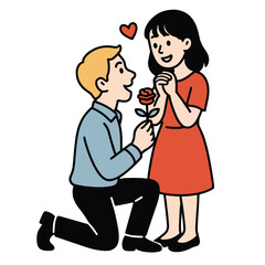 Fototapeta premium Man kneeling and giving red rose to woman in red dress, both smiling with heart above, expressing love and happiness in romantic gesture
