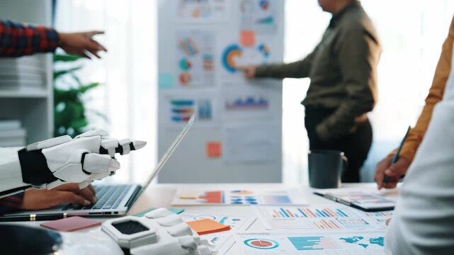 During a strategic development session, a consultant integrates data analytics powered by AI, sparking innovative plans and targeted marketing solutions. Noogenesis AI