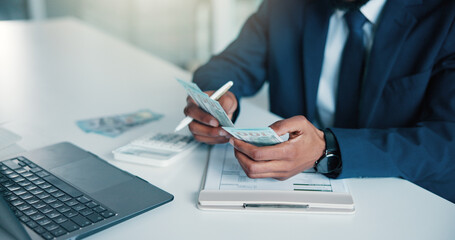 Hands, business and man with money in office for accounting, audit process and finance checklist....
