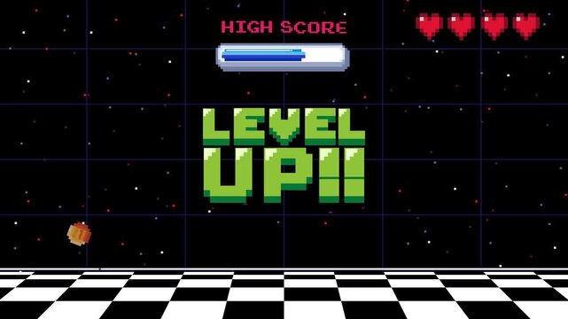 Level up screen. Retro pixel arcade machine 8 bit monitor press start play button vintage console 1980s.	