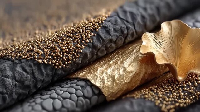 Luxury black texture with gold particles and ginkgo leaf