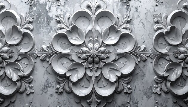 Ornate floral design in gray tones, symmetrical pattern, architectural detail, elegant decoration.