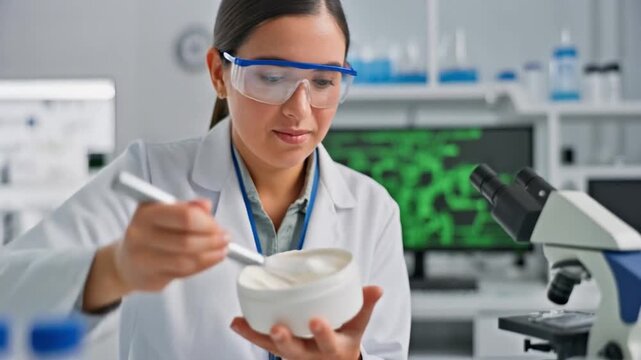 Diligent female scientist meticulously stirring a white substance in a modern laboratory, conducting vital research and development for new formulations and discoveries in chemistry or biology