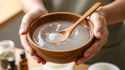 Hands holding bowl of liquid soap.