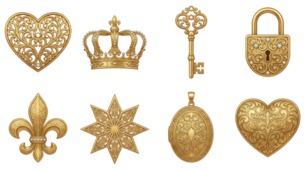 Vintage Royal Gold Filigree Set featuring Hearts Crown Skeleton Key Padlock and Locket with Intricate Ornate Details