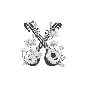 Indian Veena Musical Instrument Decorated with Lotus Flowers