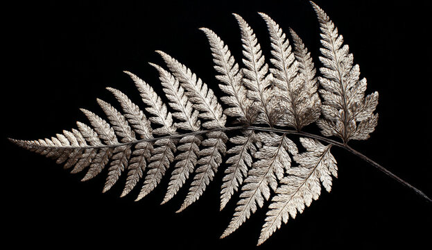 Silver fern leaf with intricate texture and metallic appearance on black background, showcasing detailed veining and natural form
