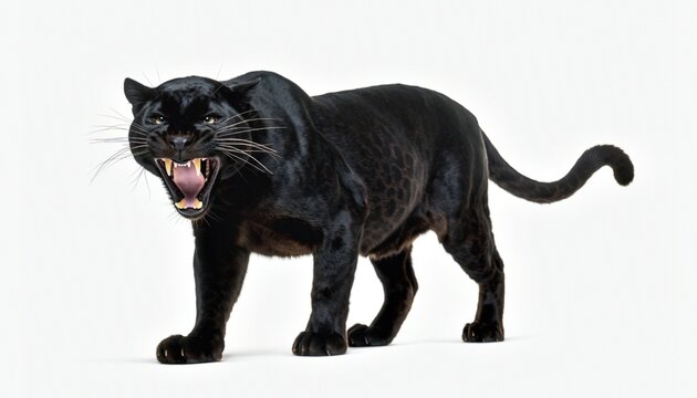 Fierce Black Panther Roaring on White Background