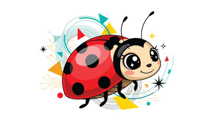 Fototapeta premium An adorable cartoon ladybug with big sparkling eyes and a happy smile, set against a background of abstract geometric shapes and lines.