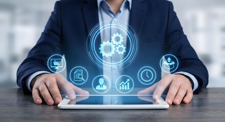 Man in suit interacting with digital interface tablet