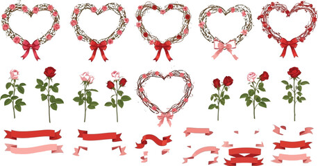 Collection of romantic heart shaped wreaths crafted from natural vines adorned with delicate pink and red roses featuring accompanying rose stems and decorative ribbons