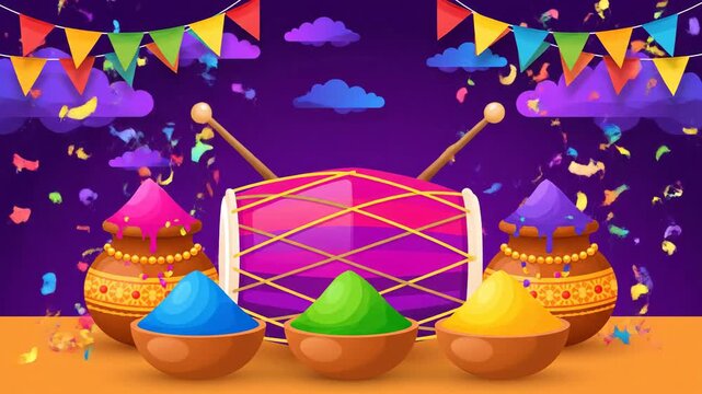 Vibrant Holi Festival Celebration Dhol Drum Colors Powder Background