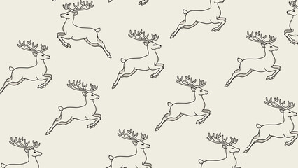 Fototapeta premium A minimalist and elegant seamless pattern of hand-drawn style leaping reindeer line art on a simple light beige background.