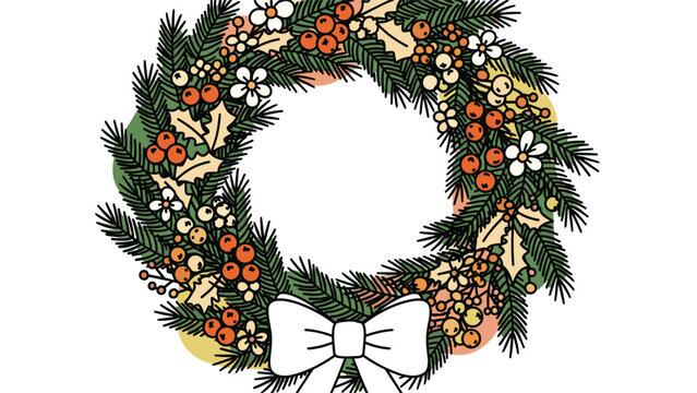 A festive, hand-drawn style Christmas wreath made of pine branches, holly, berries, and a large white bow on a white background.
