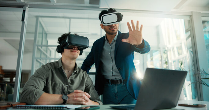Team, laptop and business men with vr in office for user interface, online website and cyberspace. Collaboration, virtual reality and people with headset for ai software, metaverse and networking - Powered by Adobe