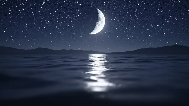 Crescent Moon Reflection on Calm Water Surface.
