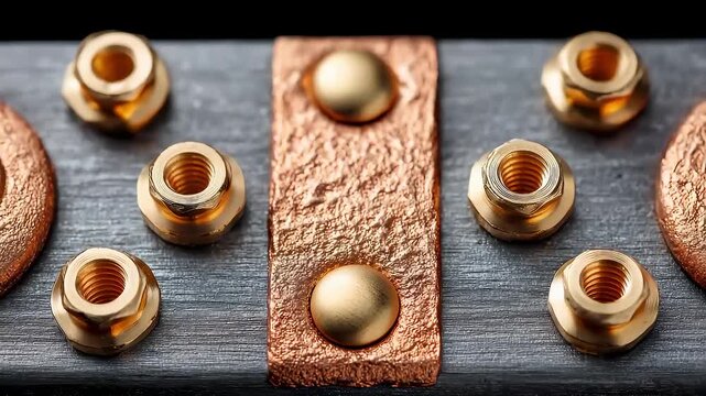 Golden precision nuts arranged on black industrial metal surface