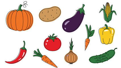 Fototapeta premium A colorful and charming collection of various vegetables drawn in a simple, textured doodle style, including pumpkin and tomato.