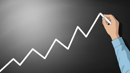 A person drawing an upward trend line on a blackboard with a white marker