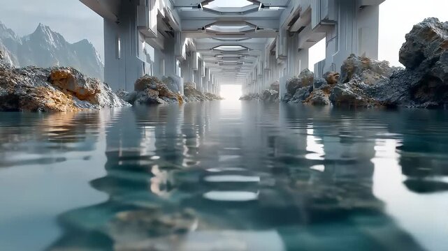 Futuristic white architectural corridor spanning clear water surface
