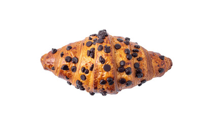 A croissant with chocolate chips is presented in a close up shot with visible details of isolated on a neutral background with png background