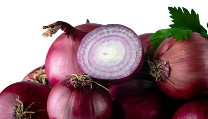 Red onions piled together with one sliced onion on top and green leaves visible at the top transparent background and plain white background