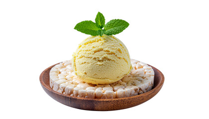 A pineapple shaped ice cream scoop with green mint leaves sits in a brown bowl filled with small white pieces pure white background cutout