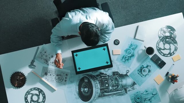 Top view of skilled engineer writing in paper while looking at tablet display green screen with turbine engine sketch design and metal gear and architectural equipment scatter around. Alimentation.