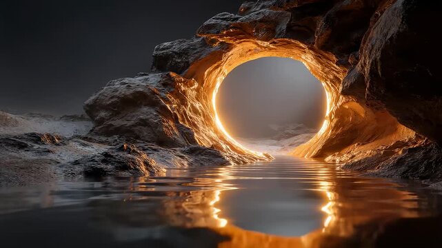 Golden glowing portal ring reflected on water in dark cave