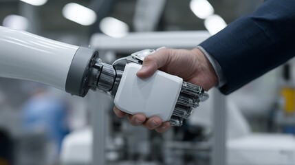 Naklejka premium Human hand and robot arm shaking hands, symbolizing artificial intelligence cooperation