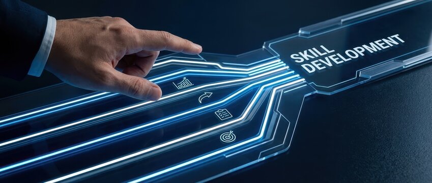 Skill Development Concept: Hand Touching Futuristic Interface with Glowing Digital Display