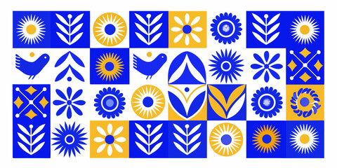 collection of blue and yellow geometric shapes and floral patterns © Kopil