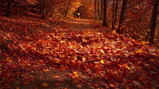 Forest Floor Motion Emphasizing the ground-level perspective of a leaf swirl, showing the texture and colors of the forest floor.
