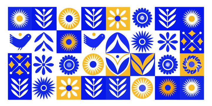 collection of blue and yellow geometric shapes and floral patterns