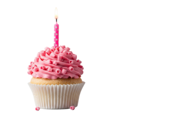 Vanilla cupcake, white liner, pink frosting, pink chocolate curls, lit pink polka-dotted candle on transparent, soft light pink backdrop, cheerful birthday celebration atmosphere