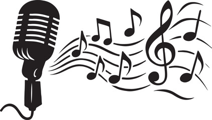 Vintage microphone with flowing musical notes and treble clef vector illustration © Sabasten Graphic