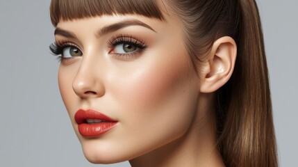 Fototapeta premium A close-up portrait of a woman showcasing flawless makeup, striking green eyes, and a bold red lip, exuding elegance and confidence.