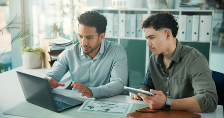 Meeting, graph and business men on laptop for finance analytics, proposal and investment research. Corporate, teamwork and people with digital tech, paperwork and financial report for stock trading