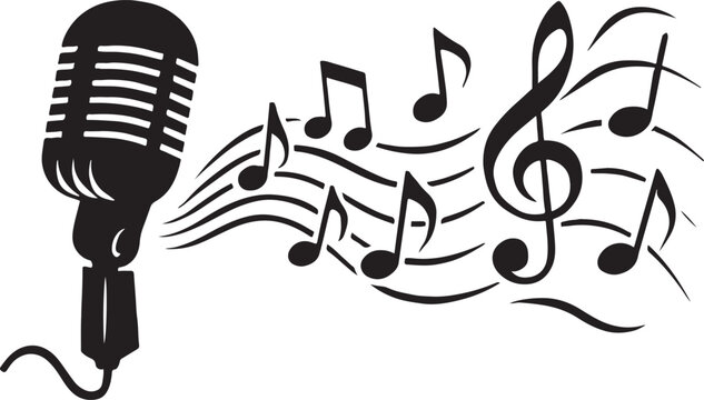Vintage microphone with flowing musical notes and treble clef vector illustration