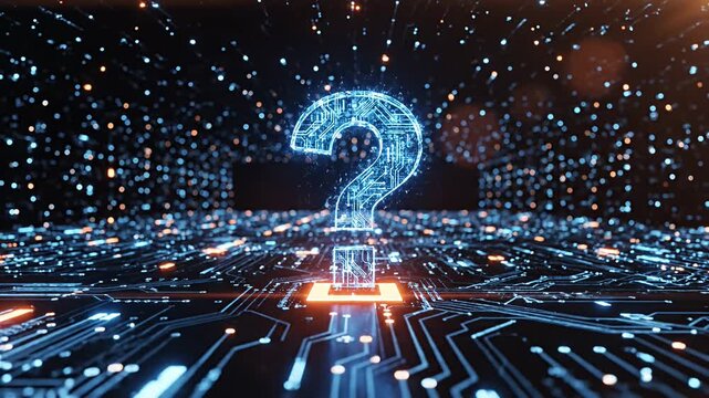 4K Video of a glowing question mark over a futuristic circuit board, representing technology and mystery