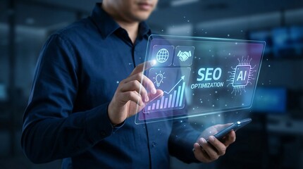 Businessman using AI technology on smartphone to optimize website for SEO, improving online presence and performance